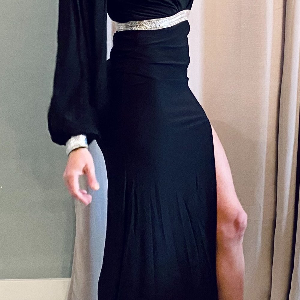 Rhinestone Maxi Dress Deep Plunged VNeck Slit Slev - Picture 8 of 13